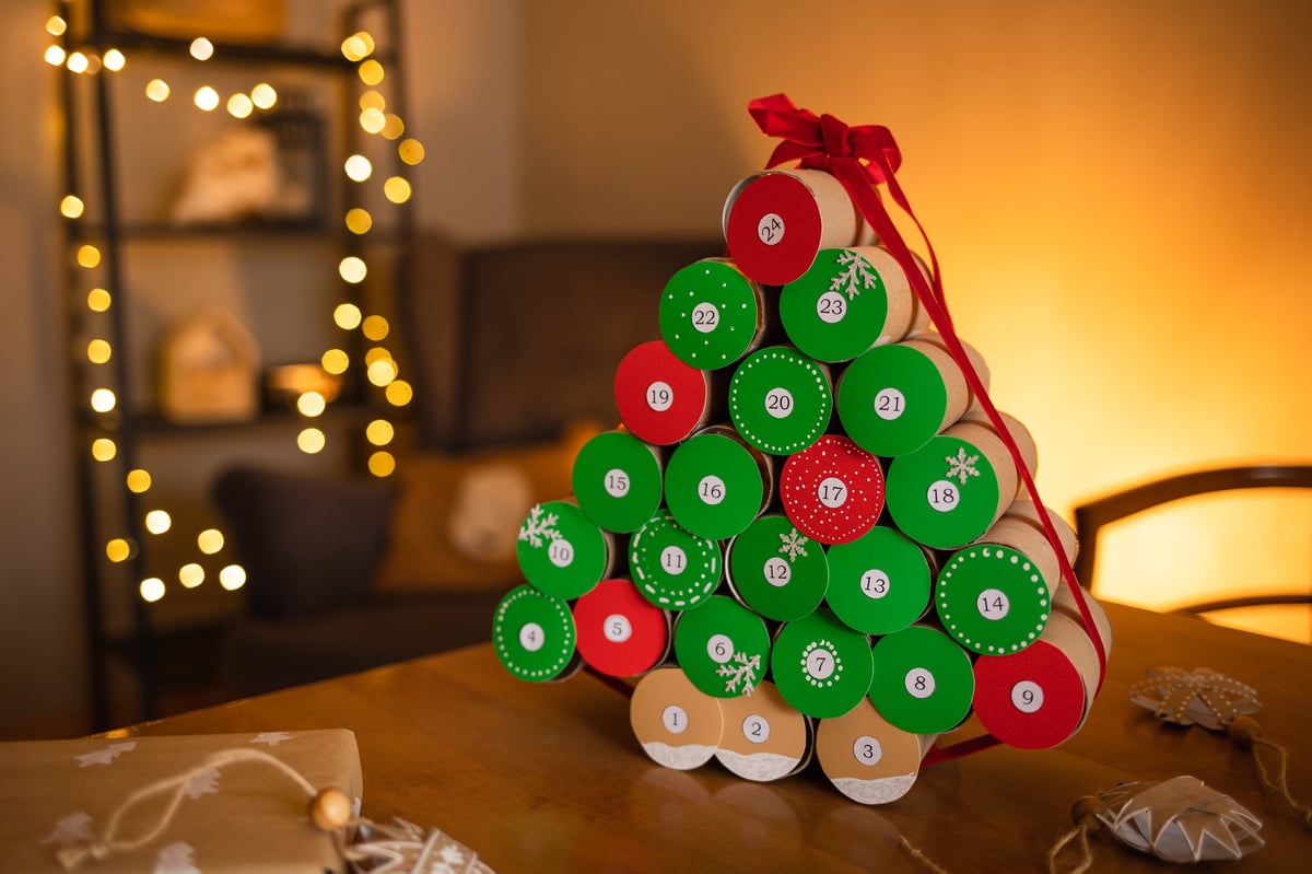 Advent calendar sitting on a shelf at home